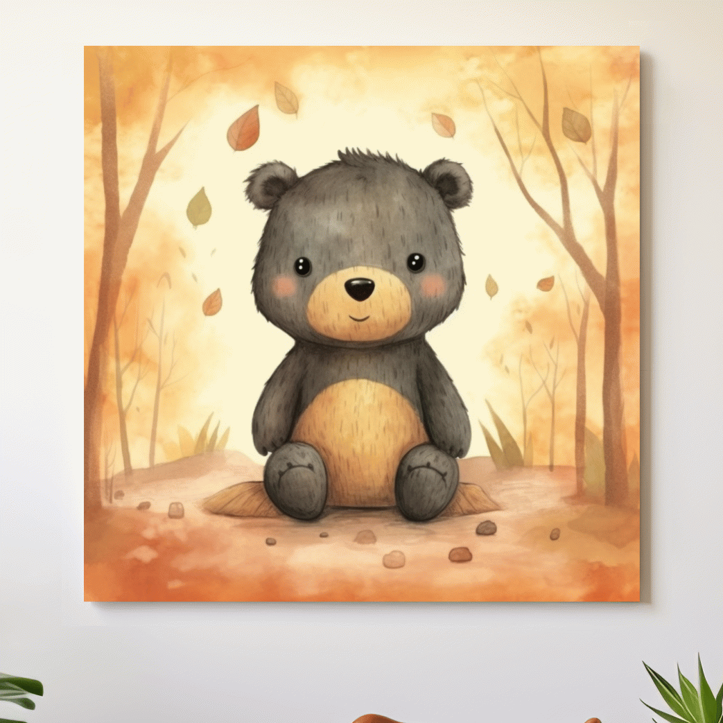 An illustration of a cute bear sitting in the forest, childrens art