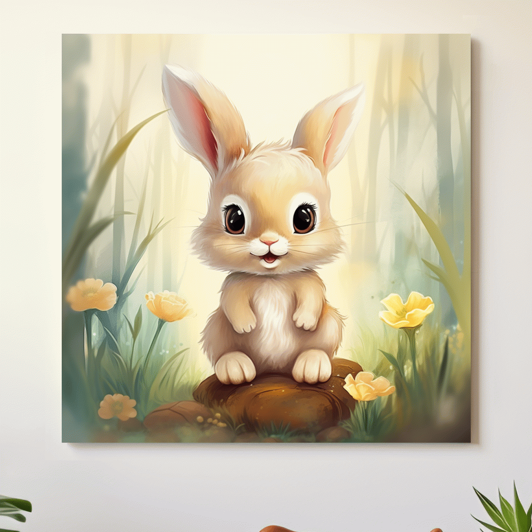 Nursery art - illustration of a cute bunny rabbit in the forest
