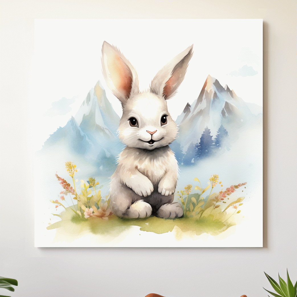 Nursery art - watercolor painting of a cute bunny rabbit in the mountains