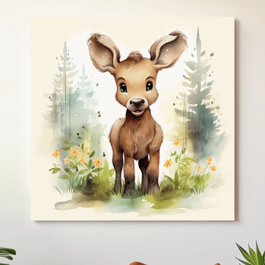 Nursery art watercolor painting, a cute baby deer in the forest