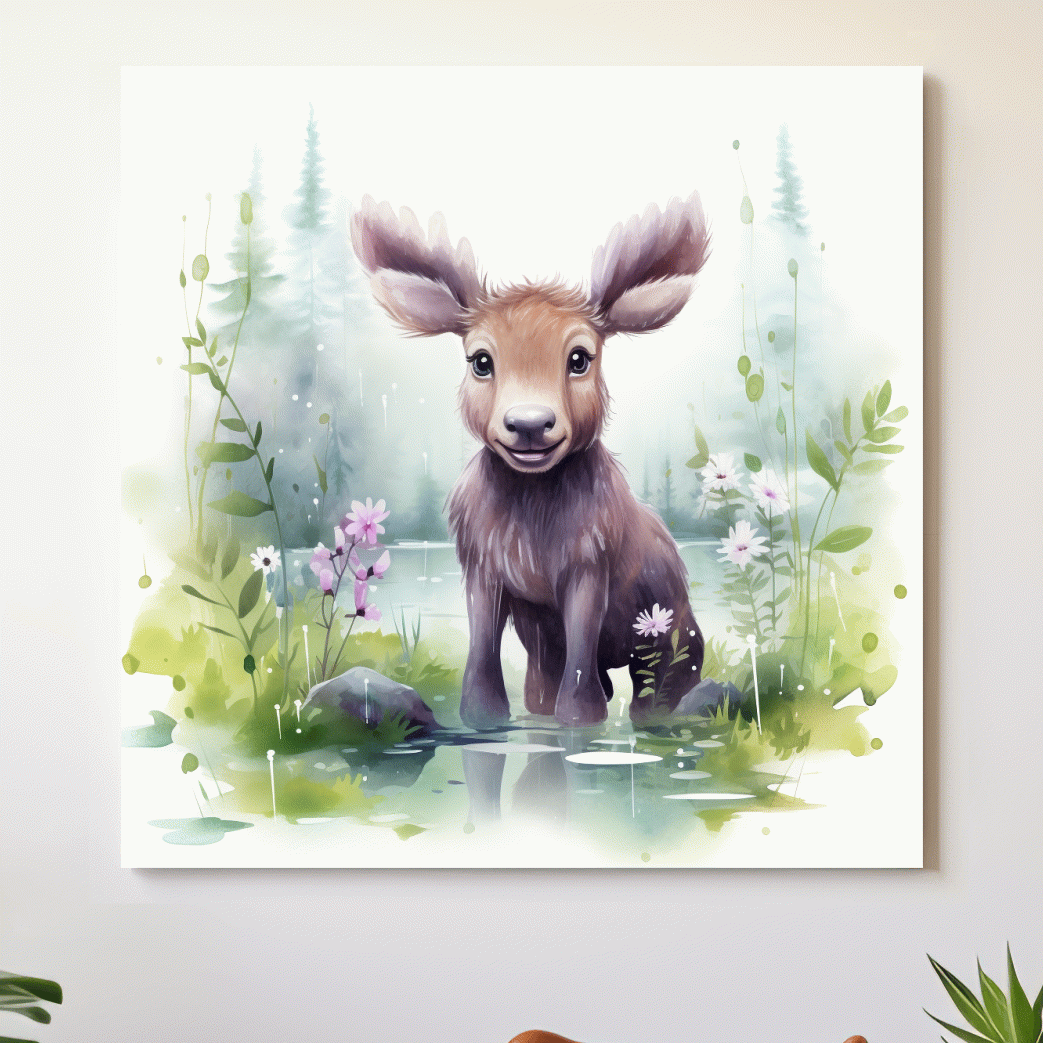 Watercolor painting of a cute baby moose in the forest, nursery art