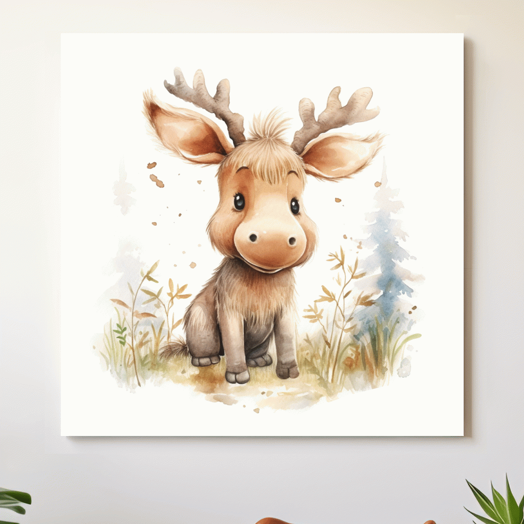 Watercolor illustration, a cute baby moose in the forest, nursery art