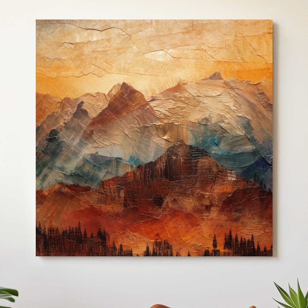 Impasto Style Abstract Mountain Range Sunset - Warm Rustic Landscape Wall Art