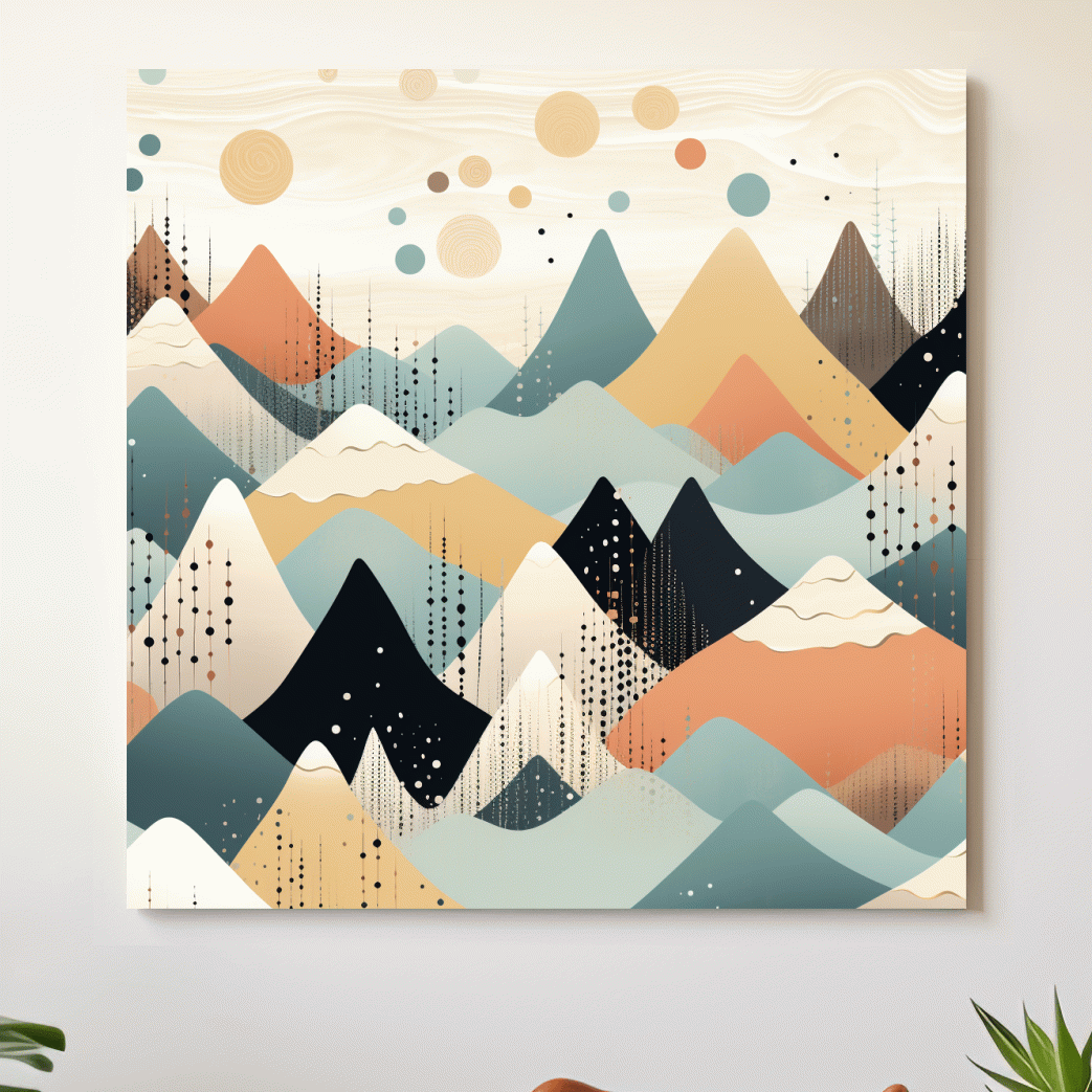 Mid-century bohemian art, pastel mountain patterns