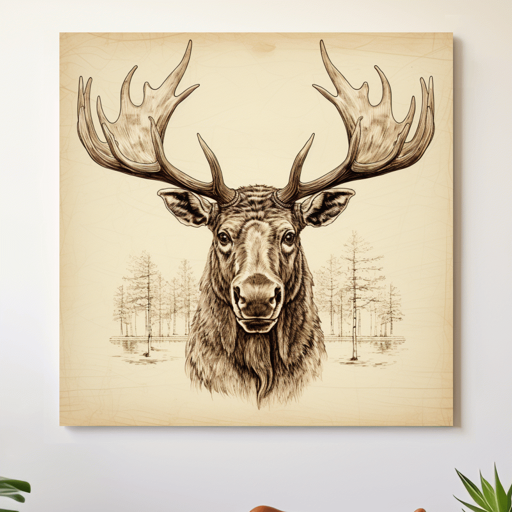Vintage portrait style pencil drawing of a moose head