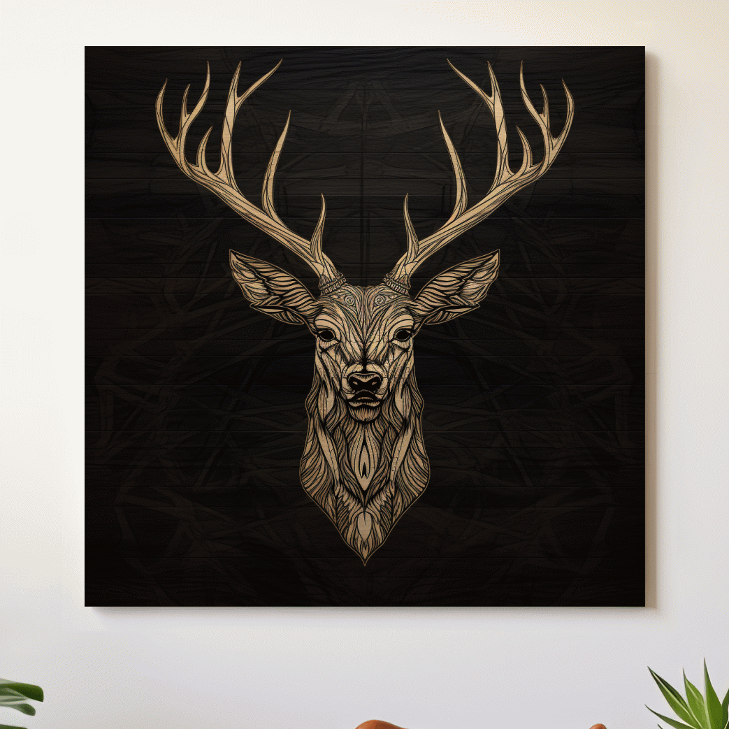 Elegant Geometric Deer Head Line Art - Rustic Woodcut Style Wildlife Artwork