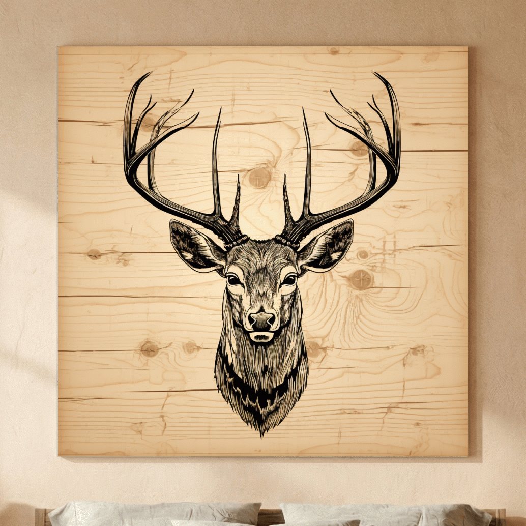Rustic Engraved Wood Deer Head Illustration - Lodge Wildlife Wall Art