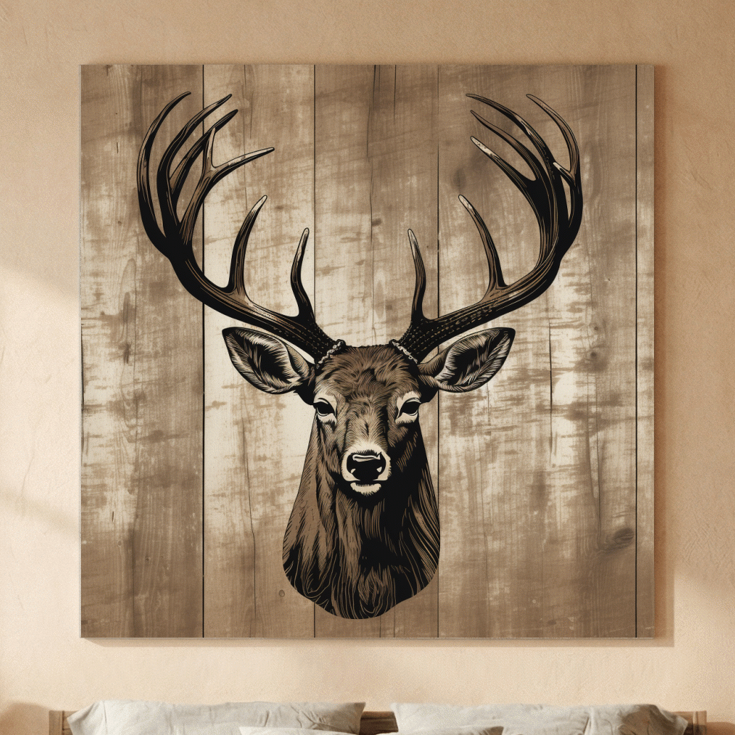 Rustic Stag Head Illustration - Vintage Cabin Lodge Wildlife Wall Art