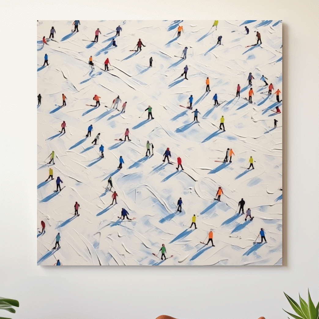 Aerial view of a ski resort with lots of little skiers, textured painting effect