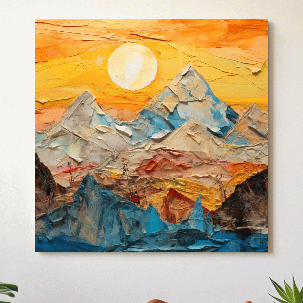 Textured Collage Mountain Sunrise Painting - Warm Abstract Landscape Wall Art
