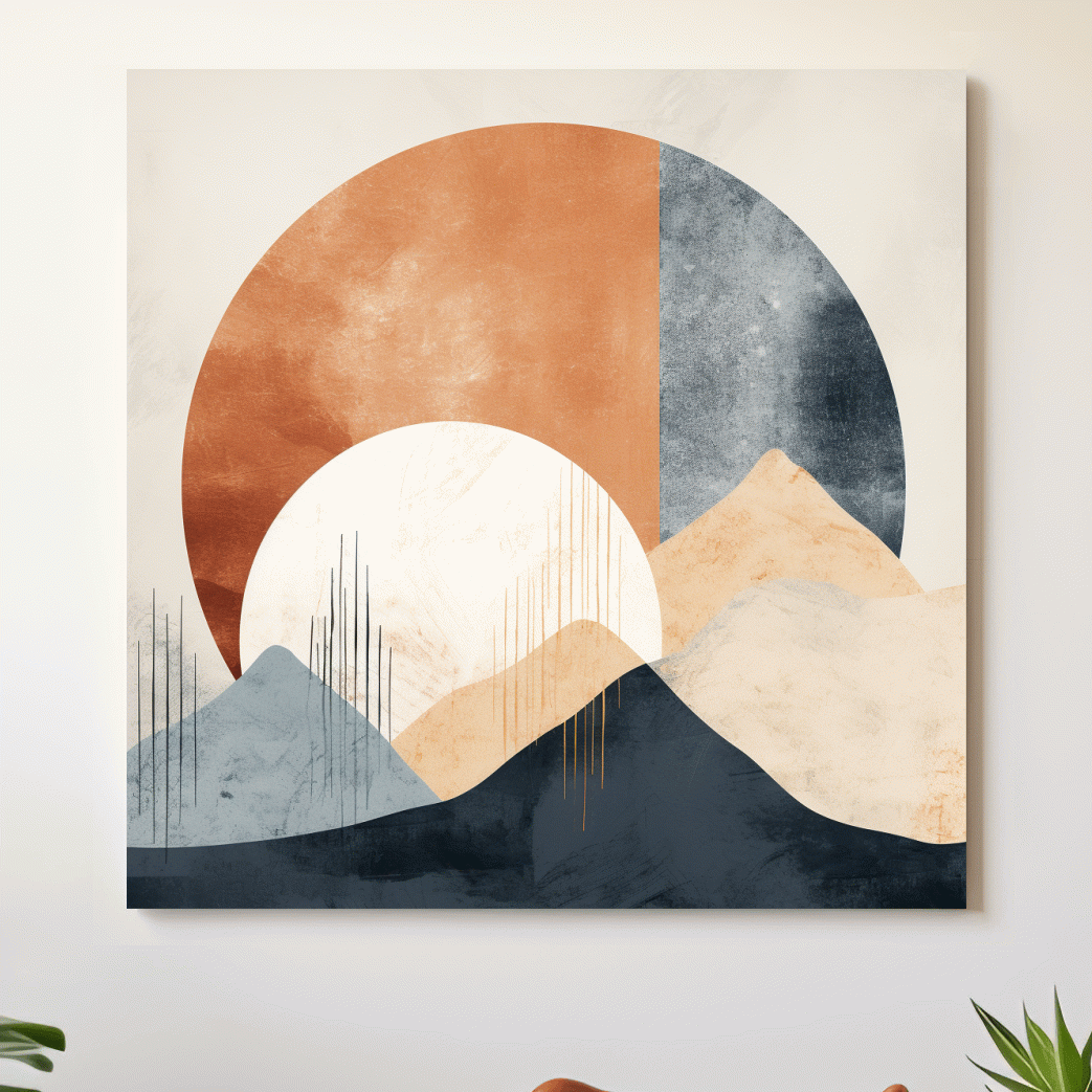 Abstract shapes forming mountains, mid century style artwork, earthy tones