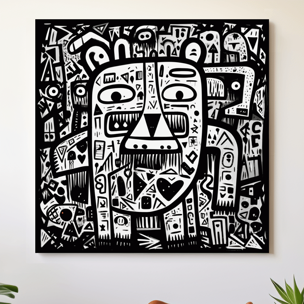 Abstract Black And White Graffiti Bear Doodle Art - Bold Geometric Animal Wall Art