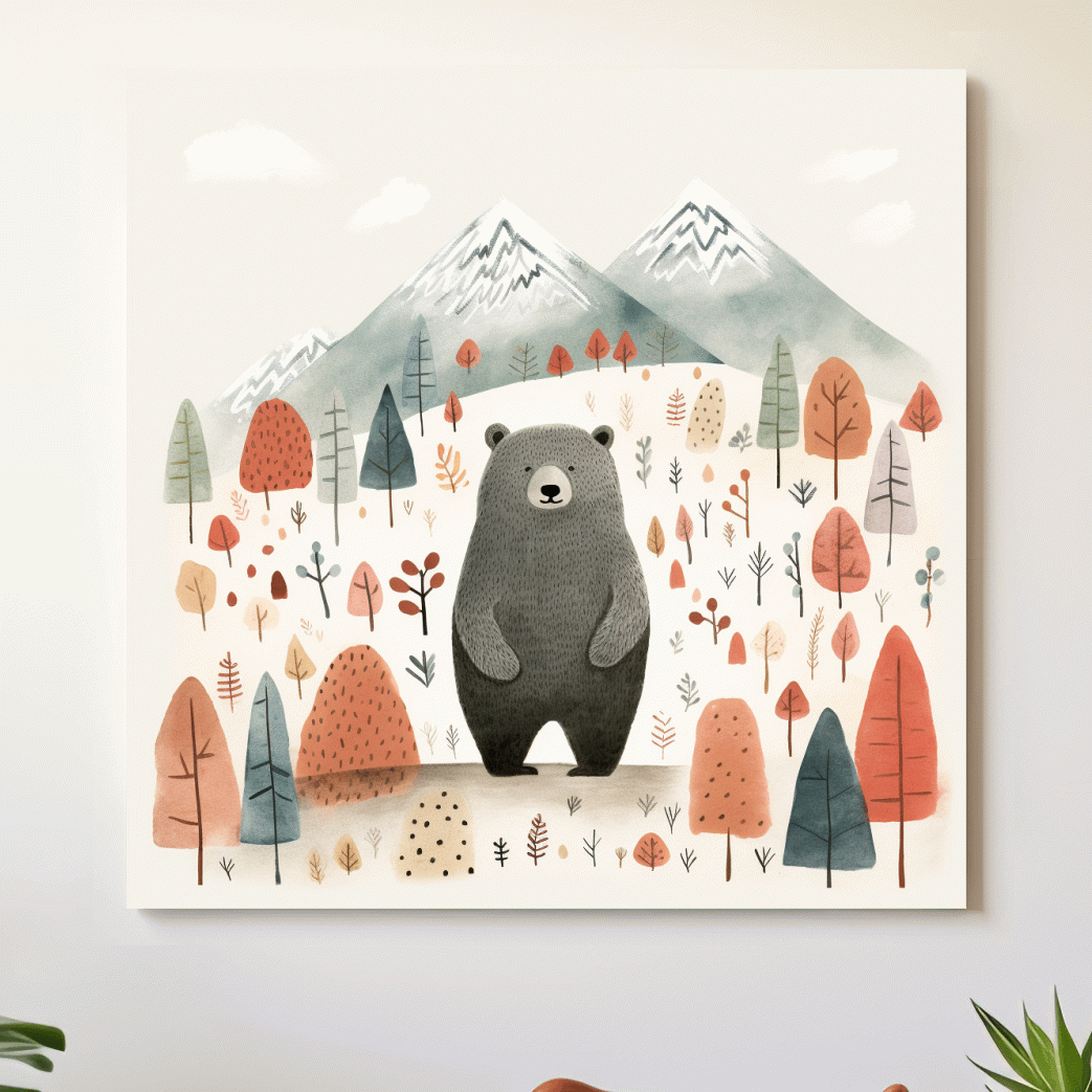 Nursery storybook art illustration of a black bear in the forest