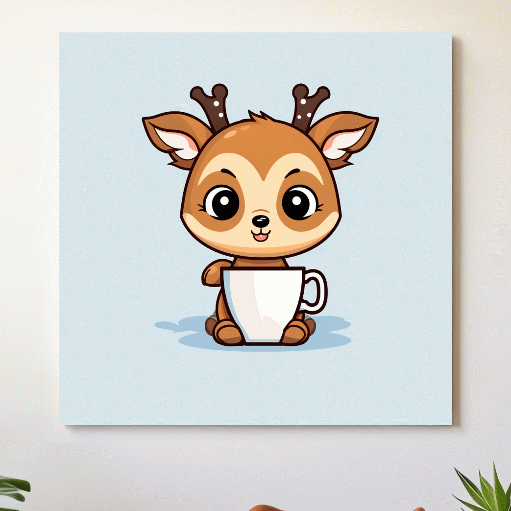 Cartoon illustration of a cute baby deer having morning coffee