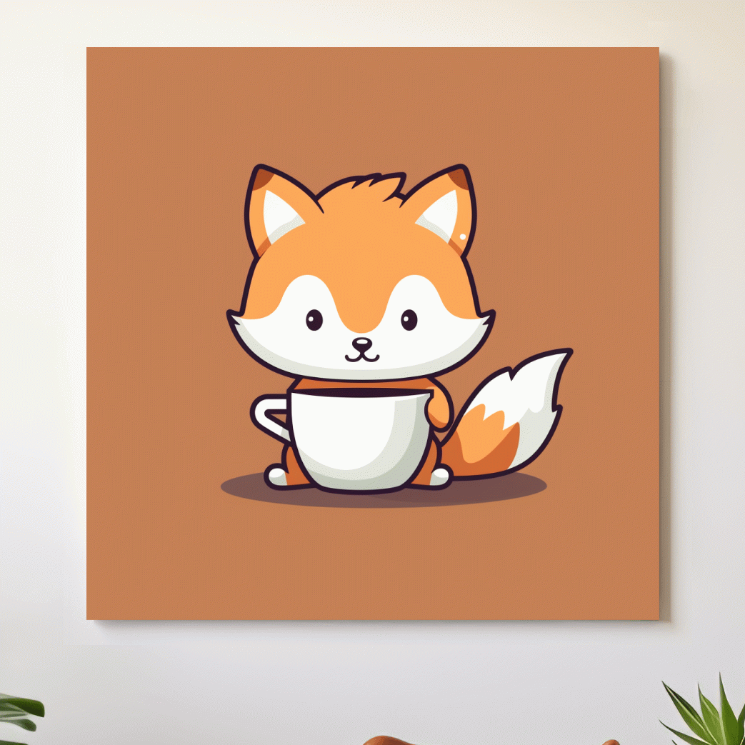 Cute baby fox illustration art, morning coffee