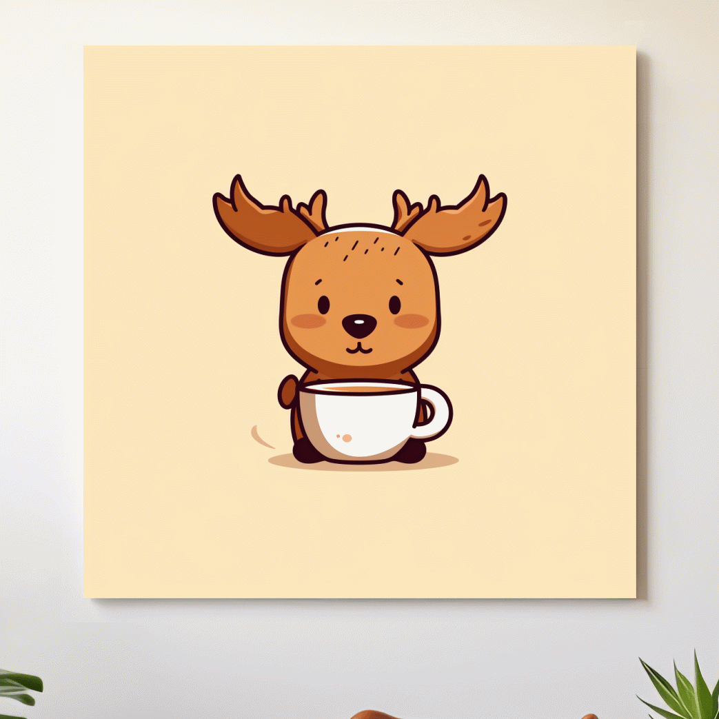 Cartoon illustration of a happy baby moose drinking coffee