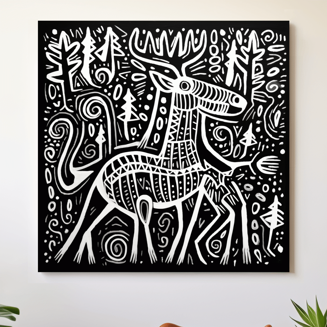 Quirky tribal style moose illustration art