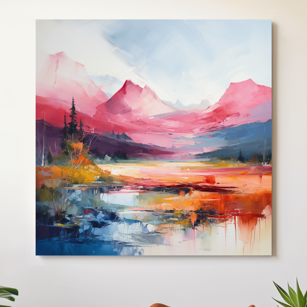 Abstract impressionist painting of an alpine mountain scene