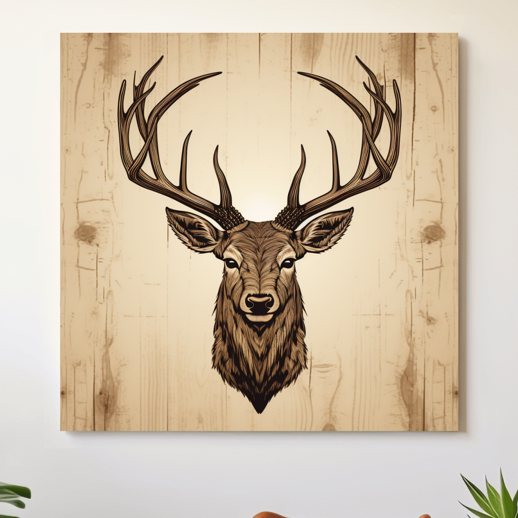 Engraved wood art of deer head
