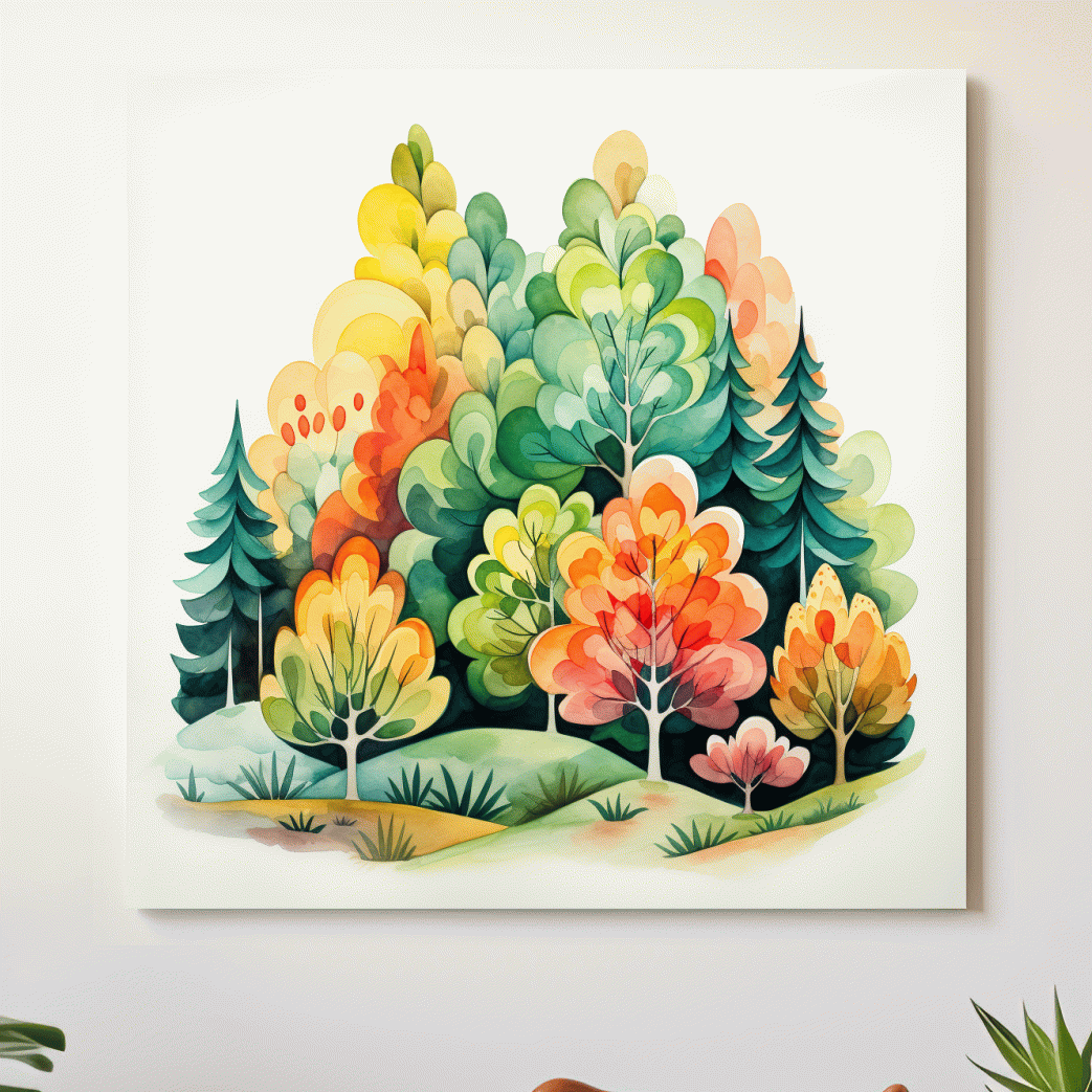 Colorful forest art, watercolor style illustration