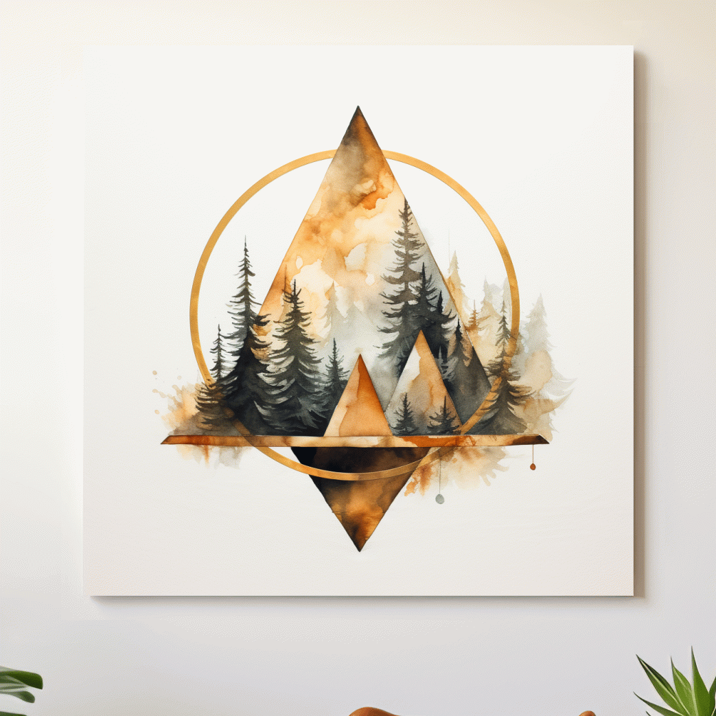 Geometric Watercolor Mountain & Pine Forest - Modern Rustic Nature Wall Art