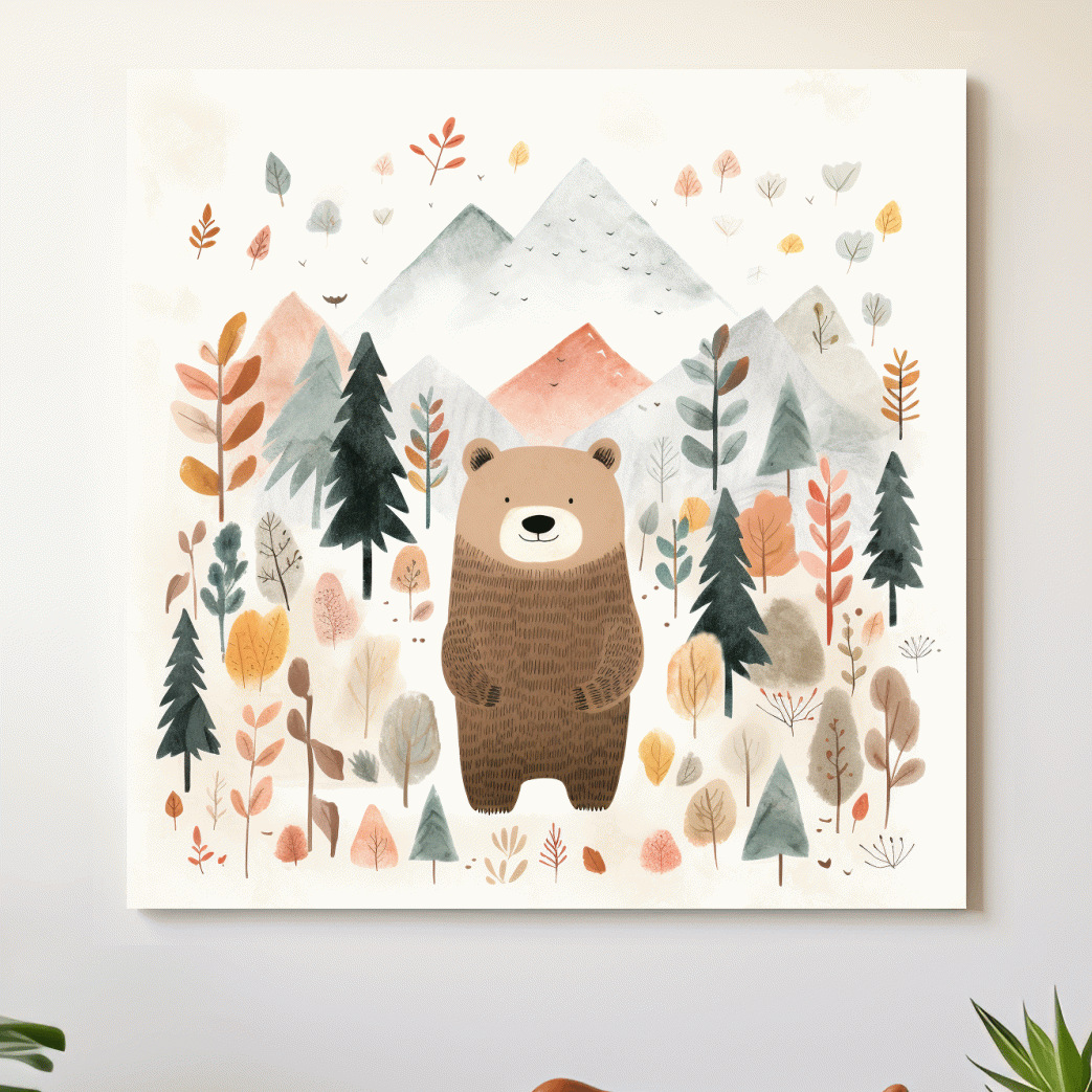 Nursery storybook art illustration of a brown bear in the forest