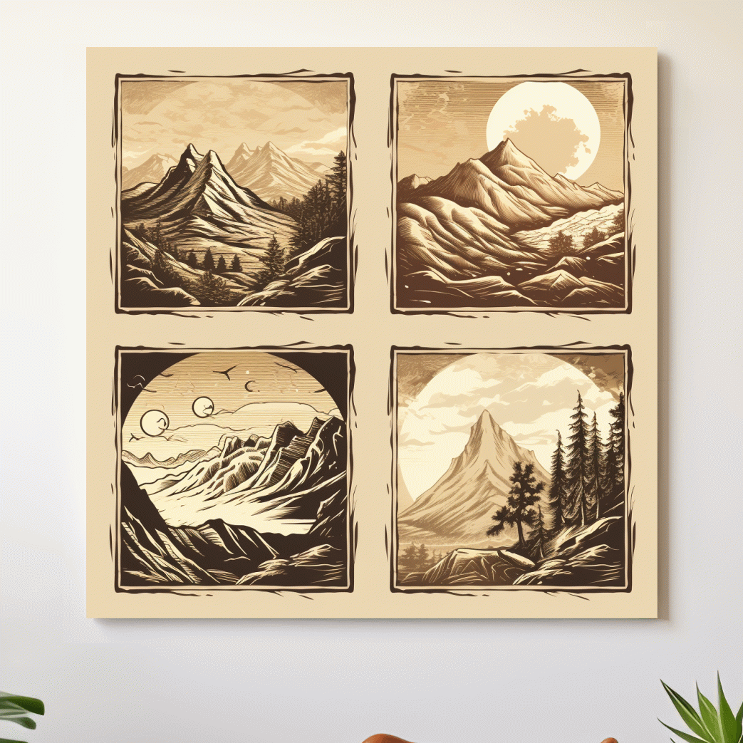 4x4 grid alpine mountain artwork, vector style illustrations, sepia tone