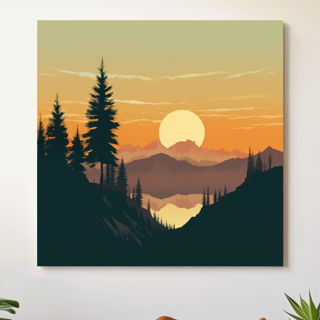Mimimal mountain art, sunset over the alpine trees
