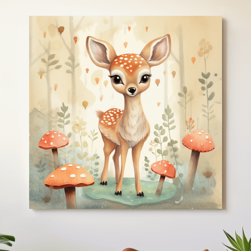 Nursery art, illustration of a cute baby fawn in the forest