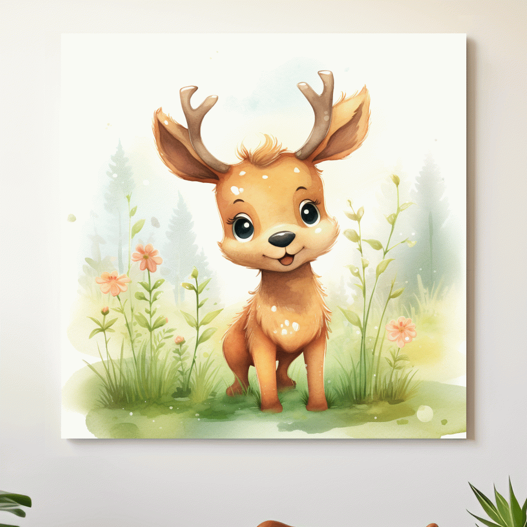 Cute Watercolor Baby Deer Illustration - Woodland Nursery Animal Wall Art
