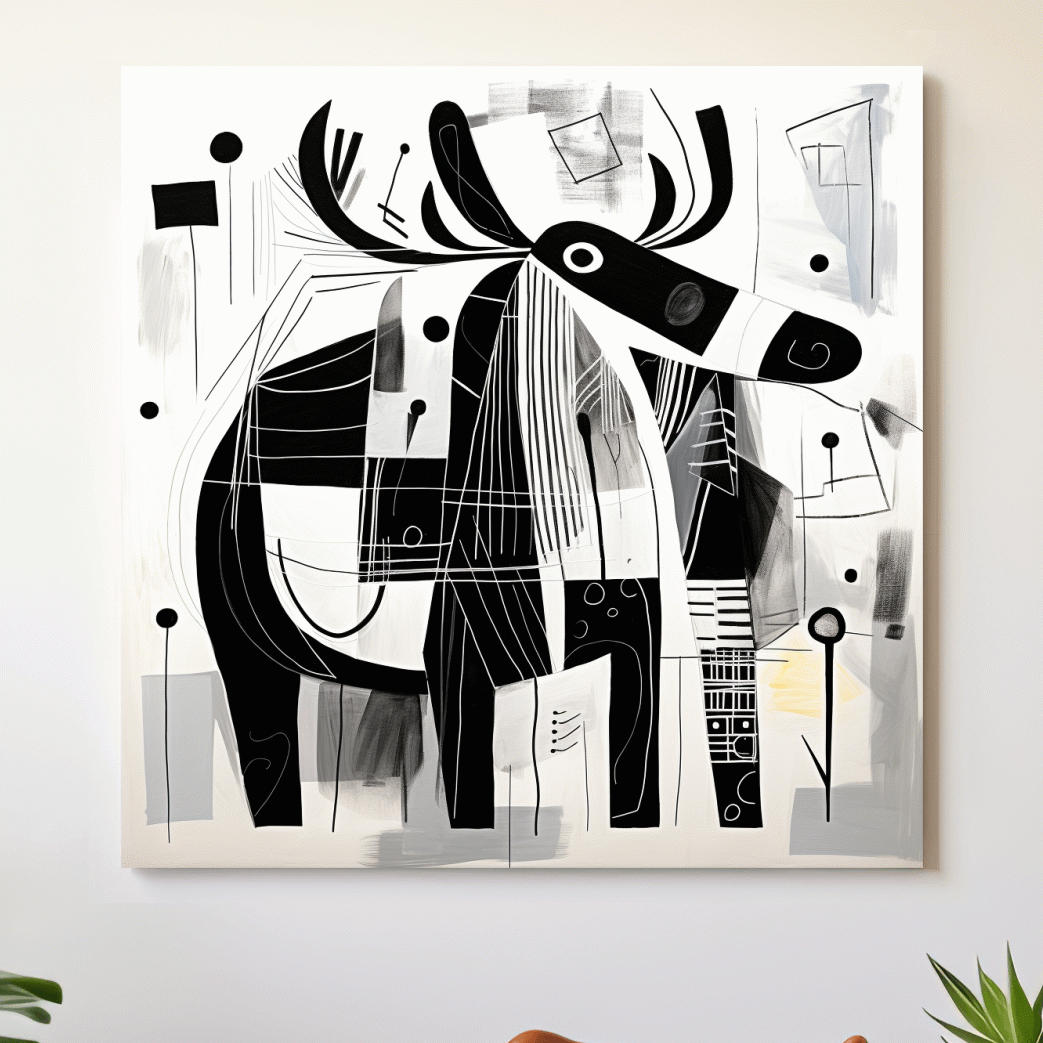 Abstract Monochrome Moose Illustration - Modern Geometric Wildlife Wall Art