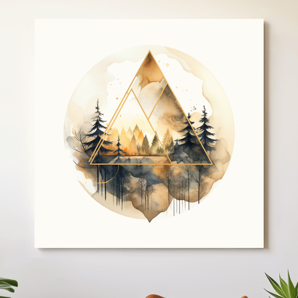 Rustic geometric forest watercolour painting, minimal and elegant