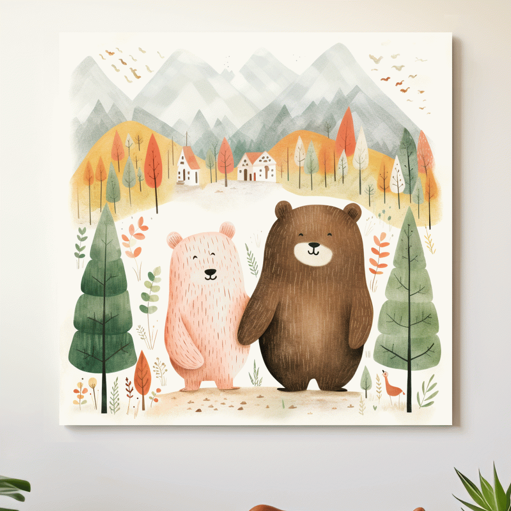 Cute storybook nursery art, bears holding hands in the mountains