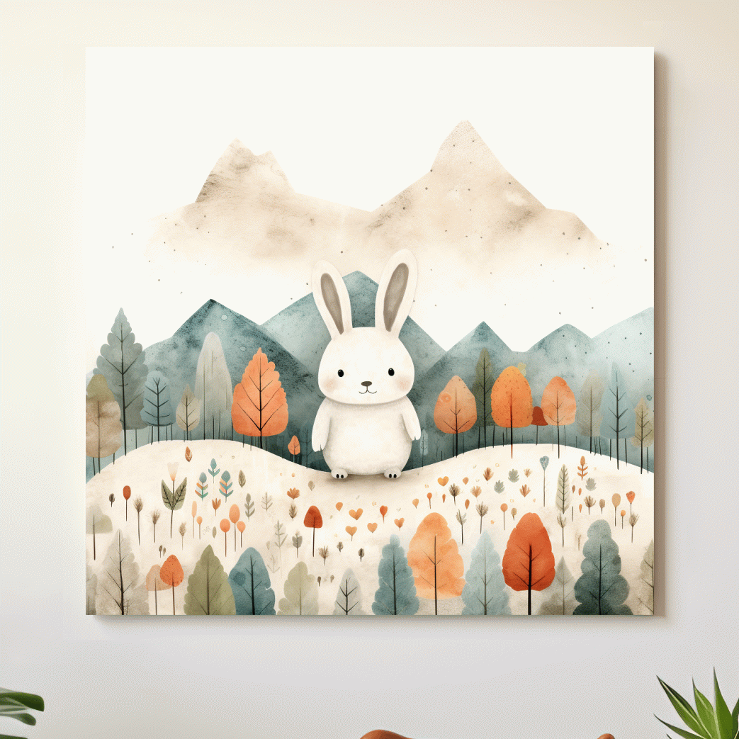 Cute happy bunny in the mountains, childrens storybook illustration art 