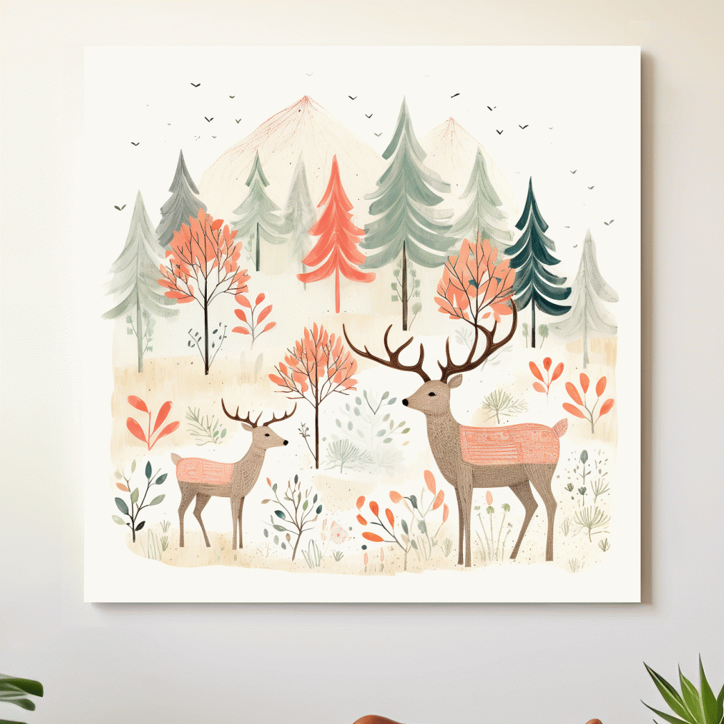 Storybook nursery art illustration, deer family in the forest