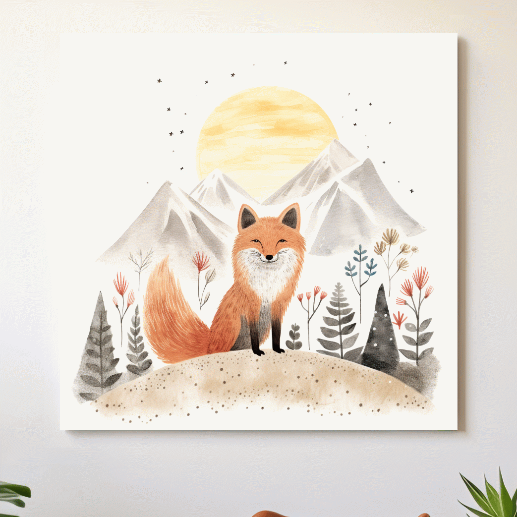 Cute quirky storybook nursery art, a happy fox in the mountains
