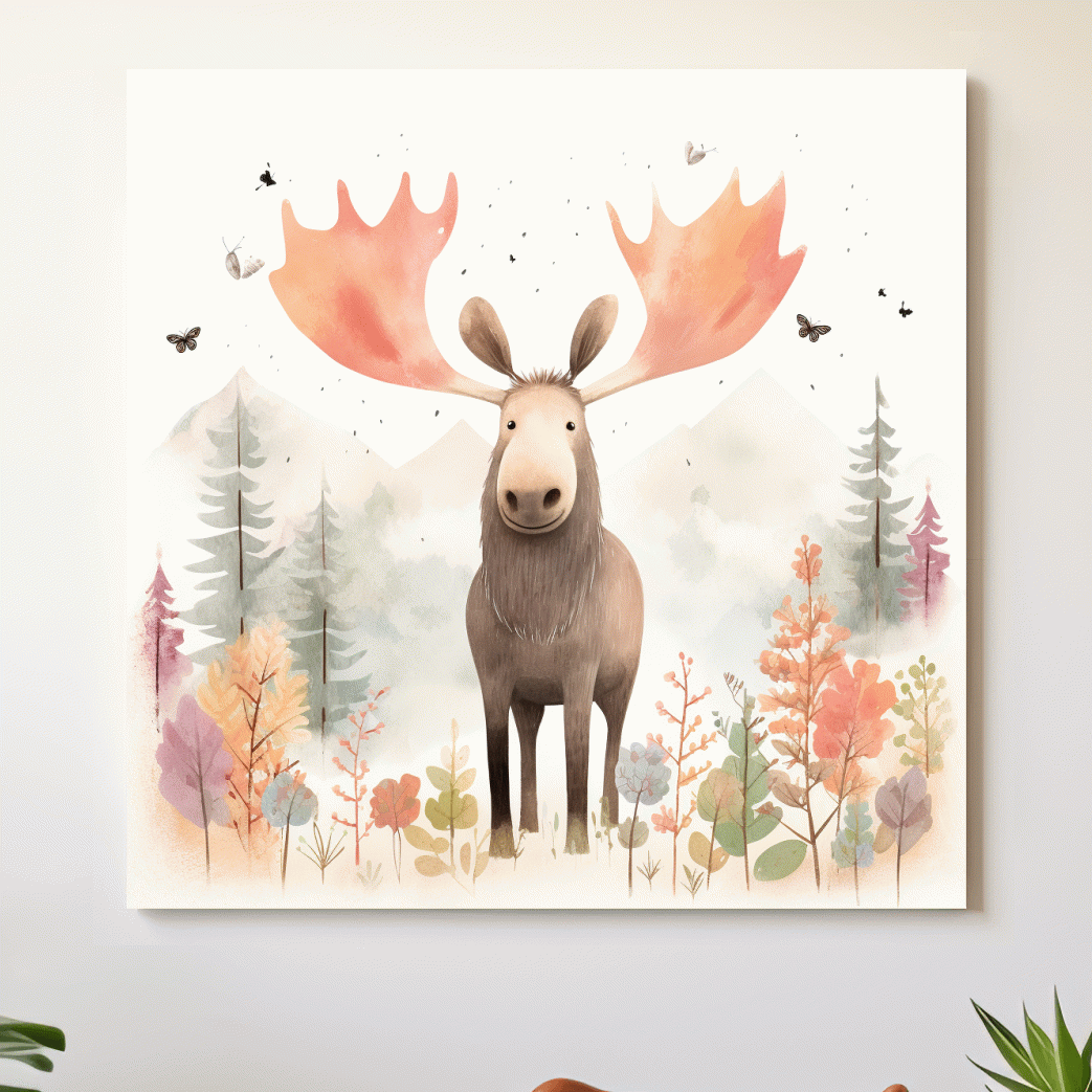 Nursery storybook artwork illustration, a happy moose in the mountains