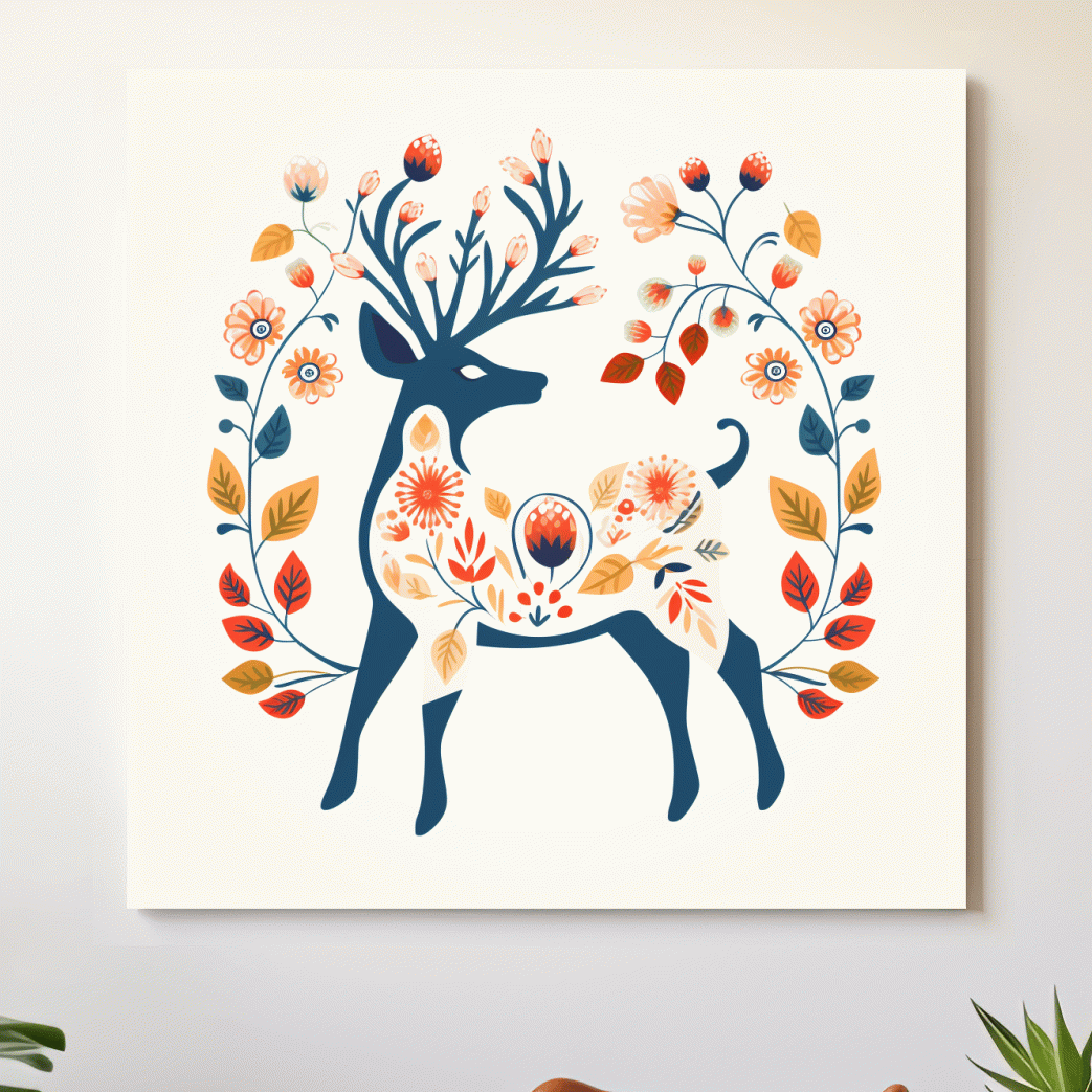 Deer and flowers print, folk style artwork