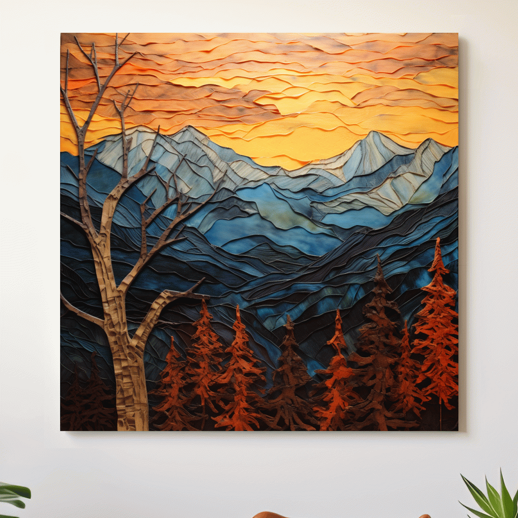 Alpine mountain sunset, layered mixed media style artwork