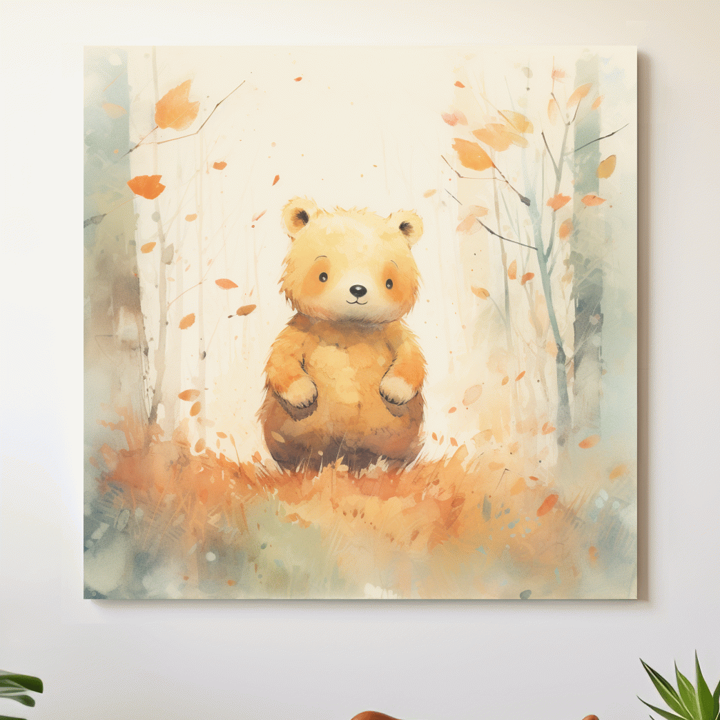 Cute Watercolor Bear Cub In Autumn Forest - Whimsical Nursery Animal Wall Art