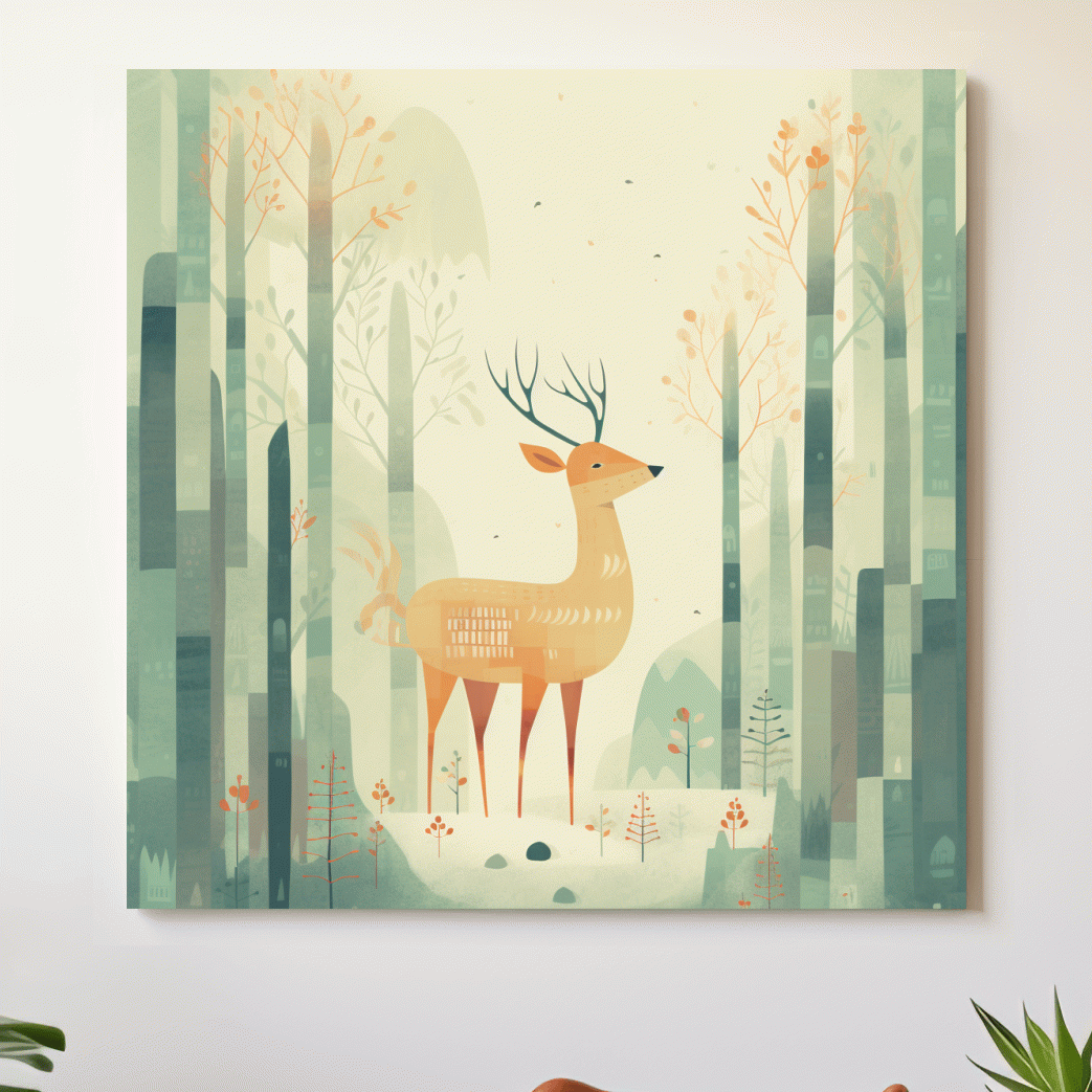 Deer in a forest, quirky nursery artwork illustration