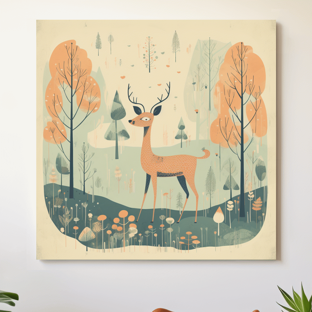 Deer artwork illustration for a nursery, folk art style