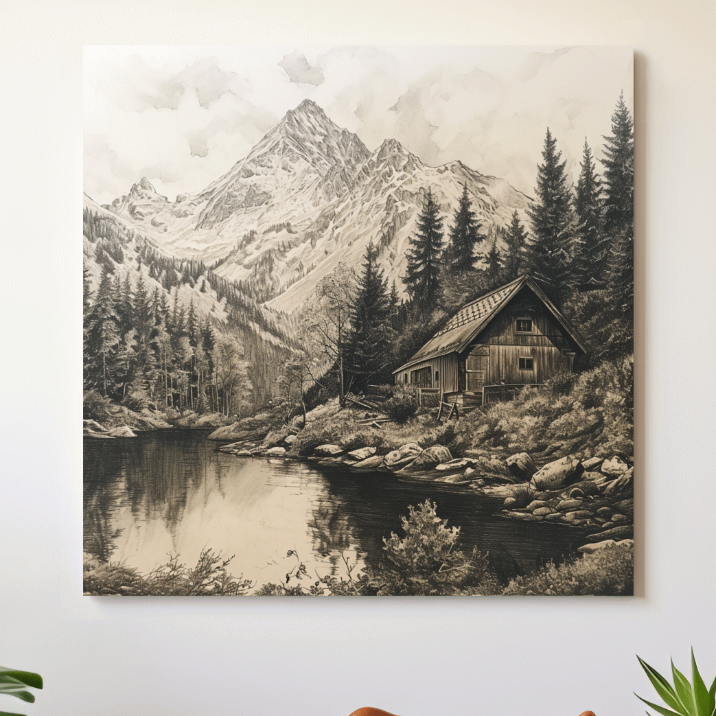 Lead pencil drawing artwork of a cabin on an alpine lake