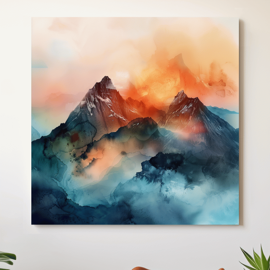 A mountain art scene made from colourful abstract shapes