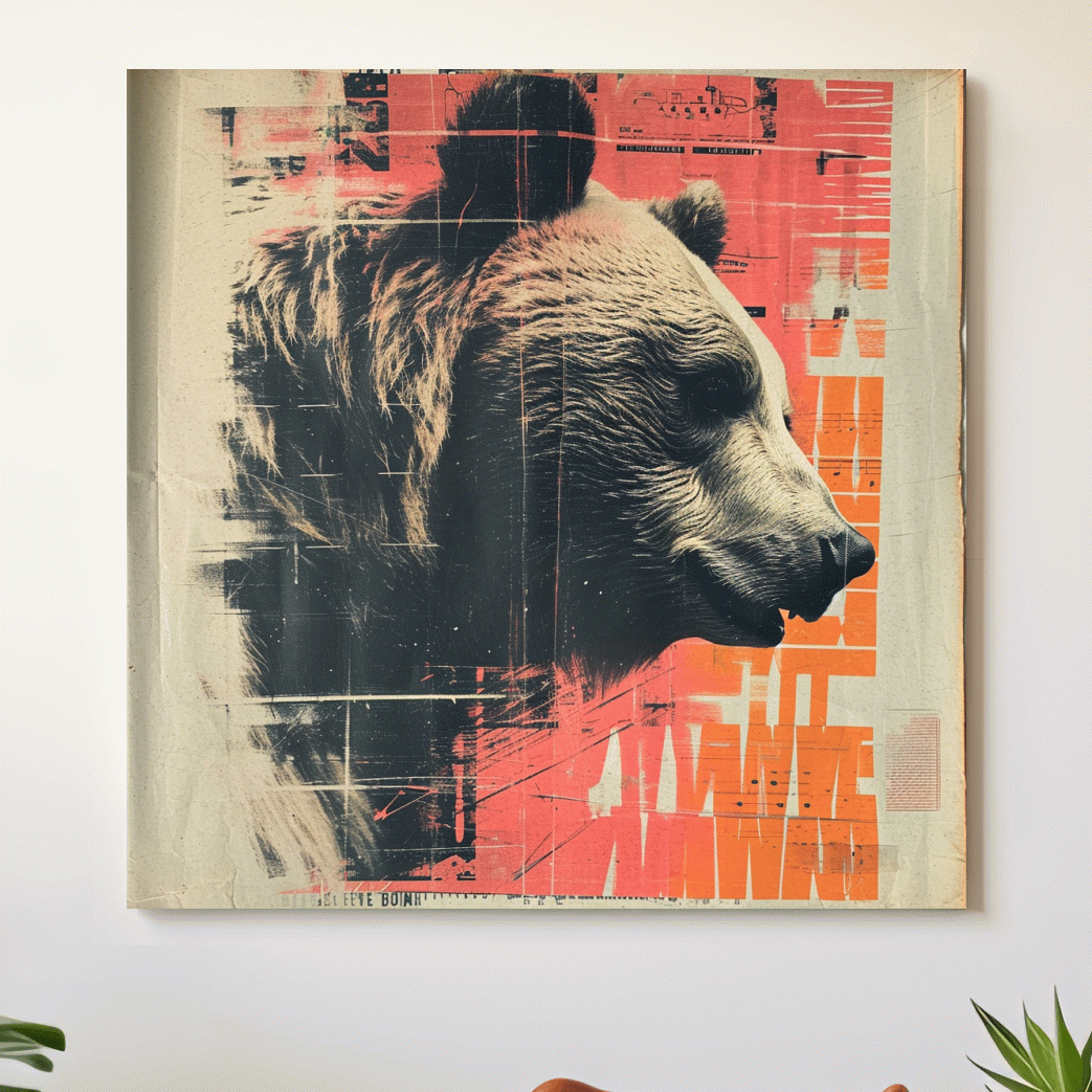 Grizzly bear artwork, magazine collage style art illustration