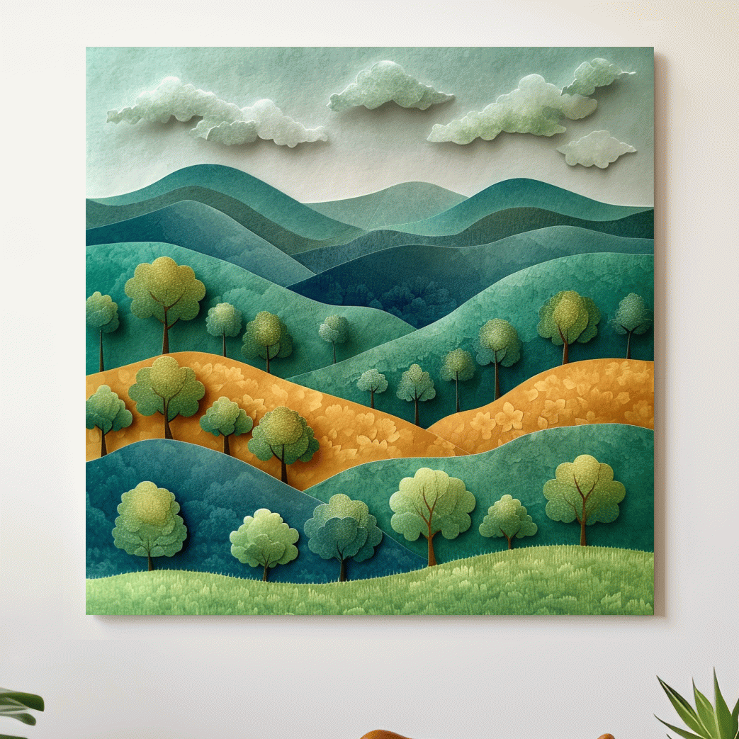 Rolling hills and trees 3d artwork, layered paper quilling effect