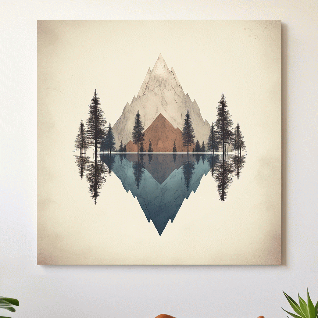 Minimal mountain art, reflections in the lake