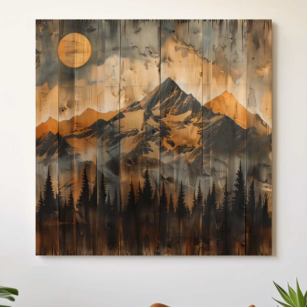 Mountain range alpine forest art, rustic wood burning effect, wood panel art