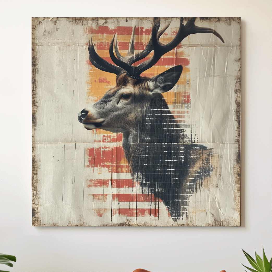 Deer head artwork, collage style art on textured paper