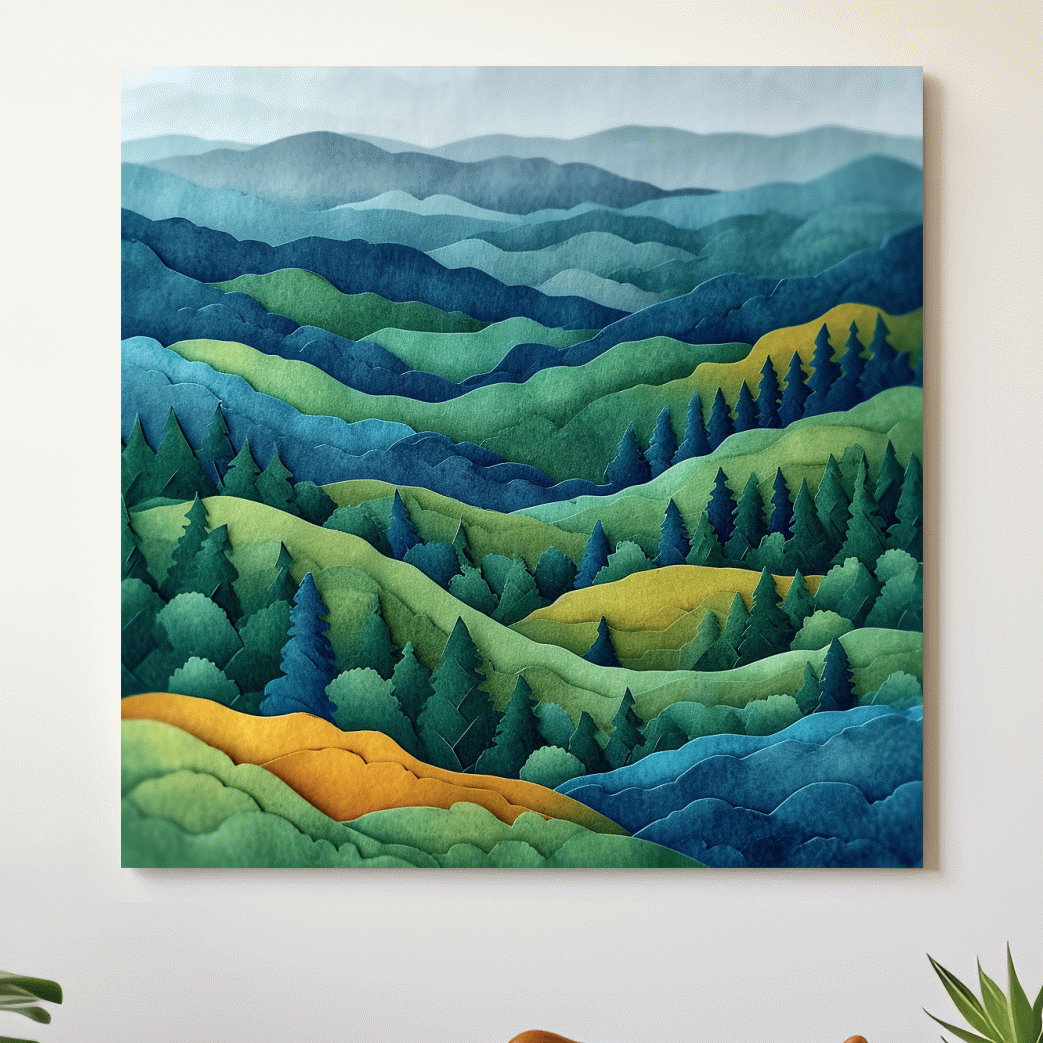 3d layered paper quilling effect artwork, rolling hills and forest
